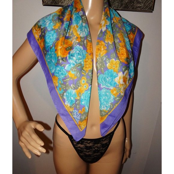 Vintage Blue & Purple Extra Large Floral Scarf square shaped flowers leaves 70s - Picture 12 of 16